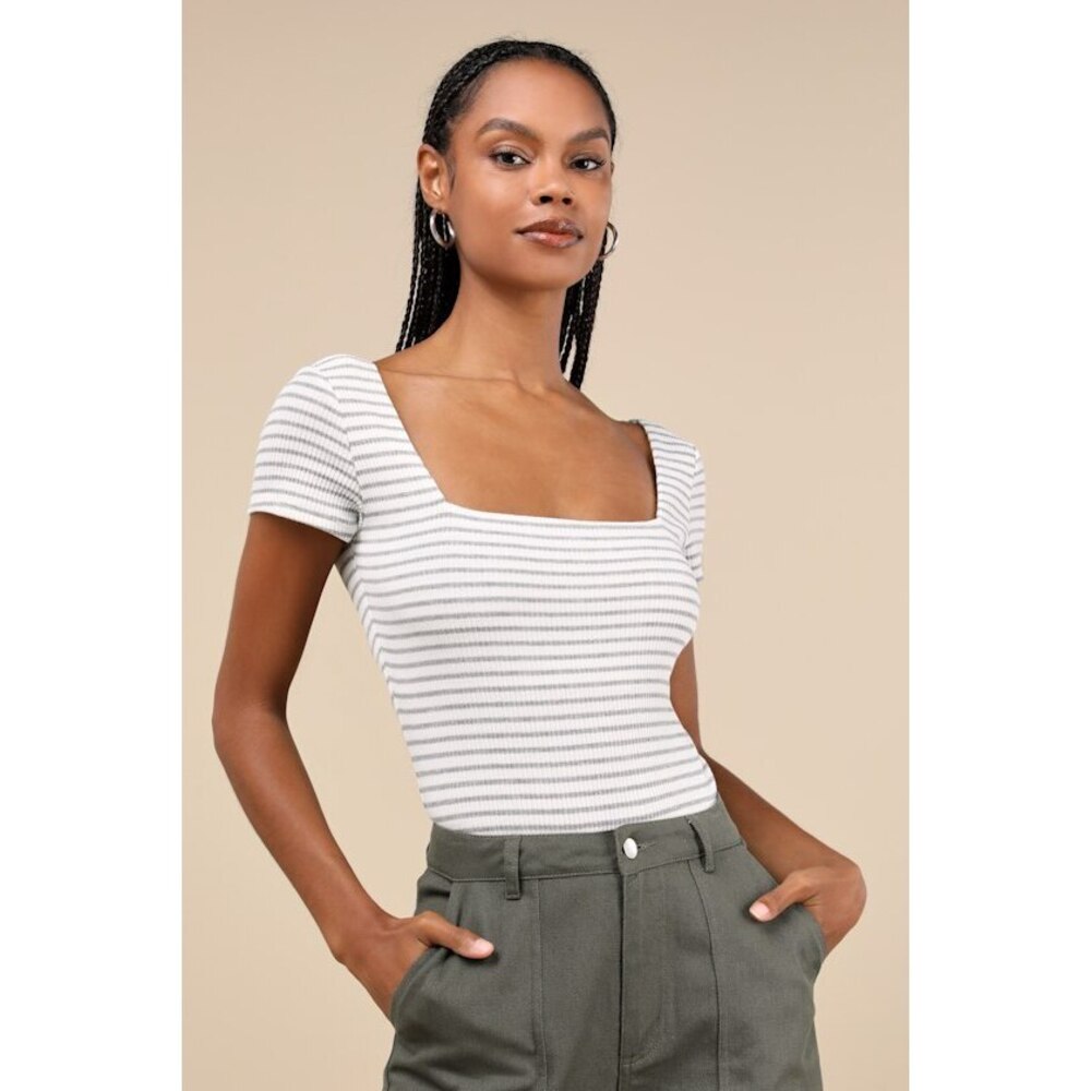 Lulus Casual Adventures Ivory Striped Ribbed Short Sleeve Bodysuit White